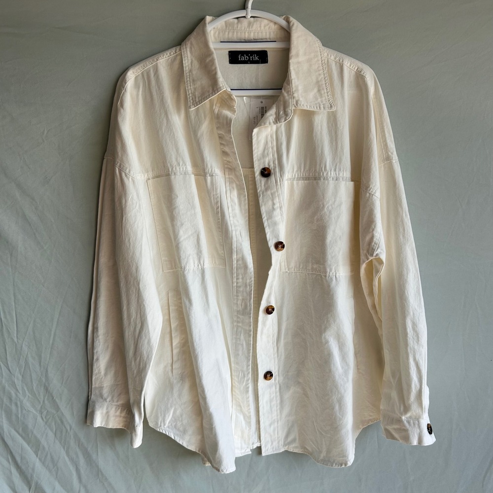 fab'rik oversize Canvas Shacket Ivory Womens Large Cotton Button Down Jacket NEW